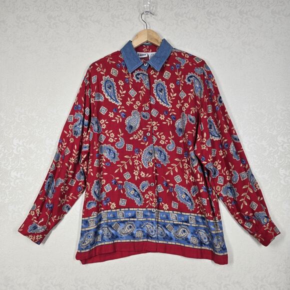 VTG Capacity Top Shirt Shacket M Red Blue Paisley Floral Mixed Denim Collar - Picture 16 of 16